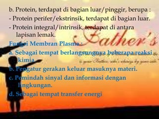 b. Protein, terdapat di bagian luar/pinggir, berupa :
- Protein perifer/ekstrinsik, terdapat di bagian luar.
- Protein integral/intrinsik, terdapat di antara
lapisan lemak.
Fungsi Membran Plasma :
a. Sebagai tempat berlangsungnya beberapa reaksi
kimia.
b. Pengatur gerakan keluar masuknya materi.
c. Pemindah sinyal dan informasi dengan
lingkungan.
d. Sebagai tempat transfer energi
 