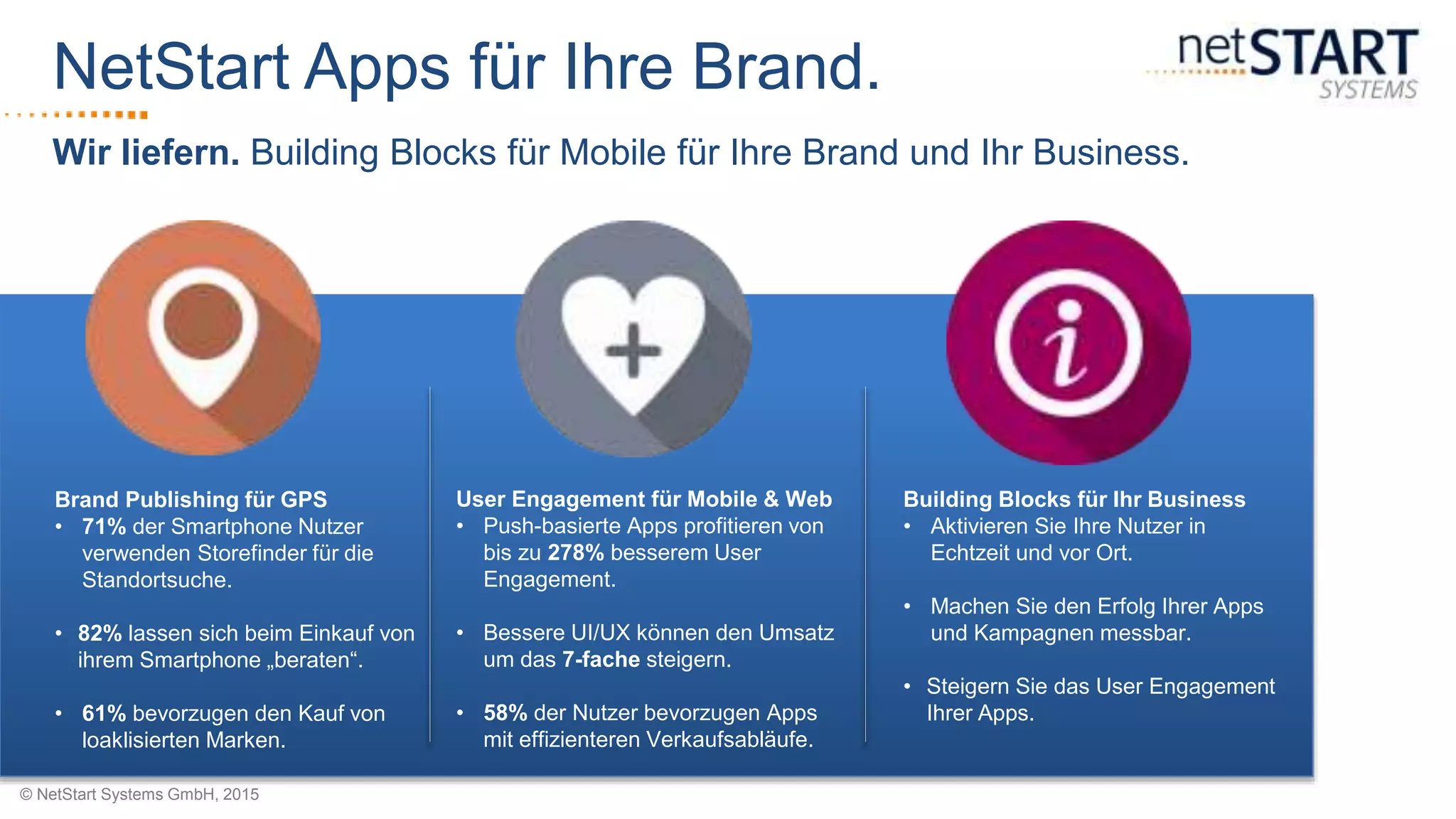 © NetStart Systems GmbH, 2015
Wir liefern. Building Blocks für Mobile für Ihre Brand und Ihr Business.
NetStart Apps für Ihre Brand.
Building Blocks für Ihr Business
• Aktivieren Sie Ihre Nutzer in
Echtzeit und vor Ort.
• Machen Sie den Erfolg Ihrer Apps
und Kampagnen messbar.
• Steigern Sie das User Engagement
Ihrer Apps.
User Engagement für Mobile & Web
• Push-basierte Apps profitieren von
bis zu 278% besserem User
Engagement.
• Bessere UI/UX können den Umsatz
um das 7-fache steigern.
• 58% der Nutzer bevorzugen Apps
mit effizienteren Verkaufsabläufe.
Brand Publishing für GPS
• 71% der Smartphone Nutzer
verwenden Storefinder für die
Standortsuche.
• 82% lassen sich beim Einkauf von
ihrem Smartphone „beraten“.
• 61% bevorzugen den Kauf von
loaklisierten Marken.
 