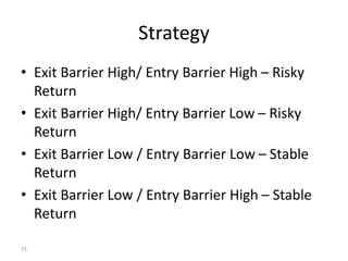 Strategy
• Exit Barrier High/ Entry Barrier High – Risky
Return
• Exit Barrier High/ Entry Barrier Low – Risky
Return
• Exit Barrier Low / Entry Barrier Low – Stable
Return
• Exit Barrier Low / Entry Barrier High – Stable
Return
73
 