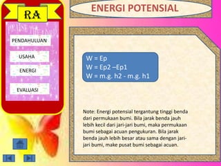 PENDAHULUAN
USAHA
ENERGI
EVALUASI
RA
W = Ep
W = Ep2 –Ep1
W = m.g. h2 - m.g. h1
Note: Energi potensial tergantung tinggi benda
dari permukaan bumi. Bila jarak benda jauh
lebih kecil dari jari-jari bumi, maka permukaan
bumi sebagai acuan pengukuran. Bila jarak
benda jauh lebih besar atau sama dengan jari-
jari bumi, make pusat bumi sebagai acuan.
ENERGI POTENSIAL
 
