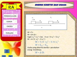 PENDAHULUAN
USAHA
ENERGI
EVALUASI
RA
F F
s
V1
V2
W = F s
W = (m a) s
Ingat: v2
2 = v1
2 + 2as → as = ½ v2
2 – ½ v1
2
W = m ( ½ v2
2 – ½ v1
2 )
W = ½ m v2
2 – ½ m v1
2
W = Ek2 – Ek1
Usaha yang diterima benda = perubahan
energi kinetiknya.
W = ∆ Ek
 