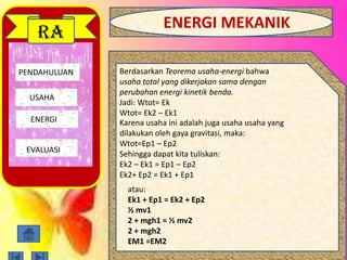 PENDAHULUAN
USAHA
ENERGI
EVALUASI
RA
Berdasarkan Teorema usaha-energi bahwa
usaha total yang dikerjakan sama dengan
perubahan energi kinetik benda.
Jadi: Wtot= Ek
Wtot= Ek2 – Ek1
Karena usaha ini adalah juga usaha usaha yang
dilakukan oleh gaya gravitasi, maka:
Wtot=Ep1 – Ep2
Sehingga dapat kita tuliskan:
Ek2 – Ek1 = Ep1 – Ep2
Ek2+ Ep2 = Ek1 + Ep1
atau:
Ek1 + Ep1 = Ek2 + Ep2
½ mv1
2 + mgh1 = ½ mv2
2 + mgh2
EM1 =EM2
ENERGI MEKANIK
 