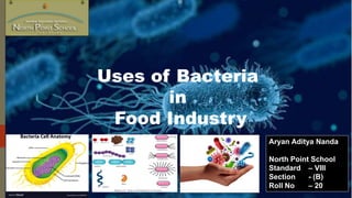 1
Aryan Aditya Nanda
North Point School
Standard – VIII
Section - (B)
Roll No – 20
Uses of Bacteria
in
Food Industry
 