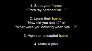 1. State your frame:
“From my perspective…”
2. Learn their frame:
“How did you see it?” or
“What were you noticing when you…?”
3. Agree on accepted frame
4. Make a plan
 