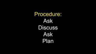 Procedure:
Ask
Discuss
Ask
Plan
 