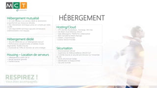 HÉBERGEMENTHébergement mutualisé
> Un coût inférieur à un serveur dédié et directement
proportionnel aux ressources allouées
> Des interventions techniques prises en compte par notre
société
> Une disponibilité technique (aucune connaissance
d’administration n’est requise)
Hébergement dédié
> Sécurité renforcée sur un hébergement exclusif
> Performances exceptionnelles et dédiées (haute
disponibilité, fluidité d’accès)
> Évolutivité de l’offre en fonction de votre stratégie
Hosting/Cloud
> VPS (Serveur Bureautique , Exchange, Site User,
> Vw Ware cloud directory service
> Saas (Messagerie, Plateforme collaborative)
> Back Up Externe (Maine Backup)
> Veeam, Cloud Provider
>License Service Provider
Sécurisation
> Environnement refroidi
> Supervision & Vidéosurveillance 24H/24 7j/7
> Contrôle d’accès et sécurité anti intrusion sur l’ensemble
du site
> Accès sécurisé par badge
> Identification à chaque entrée
> Sécurité Incendie
Housing – Location de serveurs
> Hébergement à partir de 1U
> Bande passante garantie
> Facilité d’accès
 