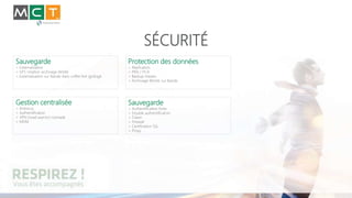 SÉCURITÉ
Sauvegarde
> Externalisation
> GFS rotation archivage illimité
> Externalisation sur Bande dans coffre fort ignifugé
Gestion centralisée
> Antivirus
> Authentification
> VPN (road warrior) nomade
> MDM
Protection des données
> Réplication
> PRA / PCA
> Backup Veeam
> Archivage Illimité sur Bande
Sauvegarde
> Authentification forte
> Double authentification
> Token
> Firewall
> Certification SSL
> Proxy
 
