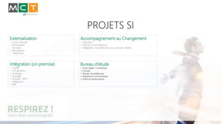 PROJETS SI
Externalisation
> Cloud Hybride
> Bureautique
> Données
> Messageries
> Téléphonie
Intégration (on premise)
> Cluster
> Virtualisation
> Stockage
> Routage
> Firewall / VPN
> Téléphone
> Wifi
Accompagnement au Changement
> Migration
> Evolution d’architecture
> Intégration d’architecture pour solution métiers
Bureau d’étude
> Audit digital / numérique
> Conseil
> Design d’architecture
> Alignement (SI business)
> Audit de performance
 