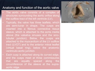 Anatomy and function of the aortic valve
• The aortic valve consists of a complex of
structures surrounding the aortic orifice along
the outflow tract of the left ventricle (LV).
• Typically, the valve has three leaflets, which
are semi-lunar in shape. The cusps are
inserted into a fibrous connective tissue
sleeve, which is attached to the aorta media
above (the valsalva sinuses and the sino-
tubular junction). Below, the cusps are
attached to the myocardium of the LV outflow
tract (LVOT) and to the anterior mitral leaflet
(virtual basal ring), below the anatomic
ventriculo-aortic junction.
• Each cusp is attached along its curved edge,
and the cusps meet at three commissures
that are equally spaced along the
circumference of the sleeve at the supra-
aortic ridge.
 