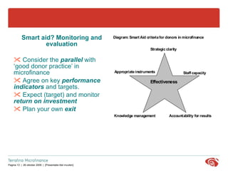 Smart aid? Monitoring and evaluation Consider the  parallel  with ‘good donor practice’ in microfinance Agree on key  performance indicators  and targets.  Expect (target) and monitor  return on investment Plan your own  exit 