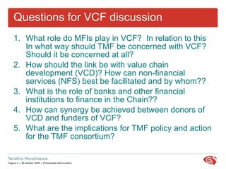 Questions for VCF discussion What role do MFIs play in VCF?  In relation to this  In what way should TMF be concerned with VCF? Should it be concerned at all? How should the link be with value chain development (VCD)? How can non-financial services (NFS) best be facilitated and by whom?? What is the role of banks and other financial institutions to finance in the Chain?? How can synergy be achieved between donors of VCD and funders of VCF? What are the implications for TMF policy and action for the TMF consortium? 