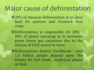 Major cause of deforestation
70% of Amazon deforestation is to clear
land for pasture and livestock feed
crops.
Deforestation is responsible for 20% -
25% of global warming as it increases
green house gas emissions due to the
release of CO2 stored in trees.
Deforestation destroy livelihoods : over
1.5 billion people depend upon the
forests for fuel wood , medicinal plants
or food.
 