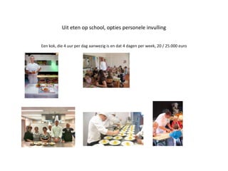Uit eten op school, opties personele invulling


Een kok, die 4 uur per dag aanwezig is en dat 4 dagen per week, 20 / 25.000 euro
 