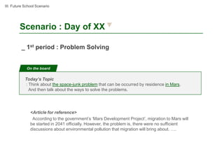 III. Future School Scenario




        Scenario : Day of XX

          _ 1st period : Problem Solving


             On the board

            Today’s Topic
            : Think about the space-junk problem that can be occurred by residence in Mars.
              And then talk about the ways to solve the problems.




               <Article for reference>
                According to the government’s ‘Mars Development Project’, migration to Mars will
               be started in 2041 officially. However, the problem is, there were no sufficient
               discussions about environmental pollution that migration will bring about. ….
 