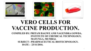 VERO CELLS FOR
VACCINE PRODUCTION.
1
COMPILED BY: PRITAM BAGWE AND NAGENDRA GOWDA.
INSTITUTE OF CHEMICAL TECHNOLOGY,
MATUNGA, MUMBAI.
SUBJECT : PHARMACEUTICAL BIOTECHNOLOGY.
DATE : 23/11/2016.
 