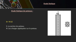 Etude Statique de poteaux :
S= N/12
S: La section du poteau.
N: Les charges appliquées sur le poteau.
Etude Statique
 