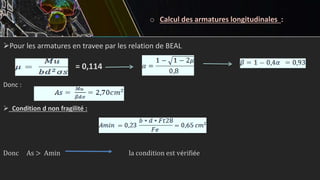 o Calcul des armatures longitudinales :
Pour les armatures en travee par les relation de BEAL
= 0,114
Donc :
 Condition d non fragilité :
Donc As > Amin la condition est vérifiée
 