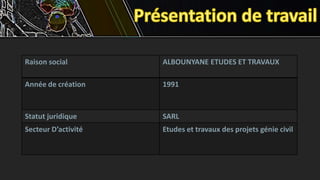 Raison social ALBOUNYANE ETUDES ET TRAVAUX
Année de création 1991
Statut juridique SARL
Secteur D’activité Etudes et travaux des projets génie civil
 