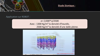 Etude Sismique :
Application sur ROBOT :
e= (1300*L)/2500
Avec : 1300 Kg/m³ la densité d’hourdis.
2500 Kg/m³ la densité d’une dalle pleine.
 
