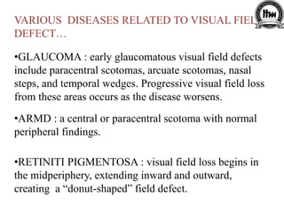 •GLAUCOMA : early glaucomatous visual field defects
include paracentral scotomas, arcuate scotomas, nasal
steps, and temporal wedges. Progressive visual field loss
from these areas occurs as the disease worsens.
•ARMD : a central or paracentral scotoma with normal
peripheral findings.
•RETINITI PIGMENTOSA : visual field loss begins in
the midperiphery, extending inward and outward,
creating a “donut-shaped” field defect.
VARIOUS DISEASES RELATED TO VISUAL FIELD
DEFECT…
 