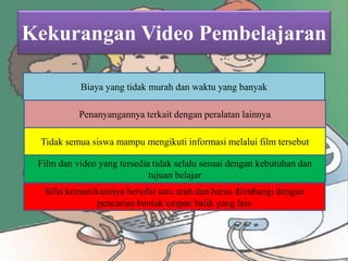 Kekurangan Video Pembelajaran 
Biaya yang tidak murah dan waktu yang banyak 
Penanyangannya terkait dengan peralatan lainnya 
Tidak semua siswa mampu mengikuti informasi melalui film tersebut 
Film dan video yang tersedia tidak selalu sesuai dengan kebutuhan dan 
tujuan belajar 
Sifat komunikasinya bersifat satu arah dan harus diimbangi dengan 
pencarian bentuk umpan balik yang lain 
 