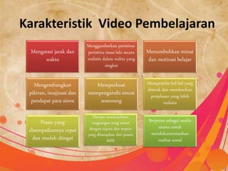 Karakteristik Video Pembelajaran 
Mengatasi jarak dan 
waktu 
Menggambarkan peristiwa-peristiwa 
masa lalu secara 
realistis dalam waktu yang 
singkat 
Menumbuhkan minat 
dan motivasi belajar 
Mengembangkan 
pikiran, imajinasi dan 
pendapat para siswa 
Memperkuat 
mempengaruhi emosi 
seseorang 
Memperjelas hal-hal yang 
abstrak dan memberikan 
penjelasan yang lebih 
realistis 
Pesan yang 
disampaikannya cepat 
dan mudah diingat 
Mampu menunjukkan 
rangsangan yang sesuai 
dengan tujuan dan respon 
yang diharapkan dari peseta 
didik 
Berperan sebagai media 
utama untuk 
mendokumentasikan 
realitas sosial 
 