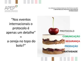 VIII JORNADAS INTERNACIONAIS DE PROTOCOLO DA APEP
A IMPORTÂNCIA DO PROTOCOLO NOS EVENTOS
INTERNACIONAIS?

“Nos eventos
internacionais o
protocolo é
apenas um detalhe”
=
a cereja no topo do
bolo?”

PROTOCOLO
COMUNICAÇÃO
SEGURANÇA
PRODUÇÃO
CRIATIVIDADE

 