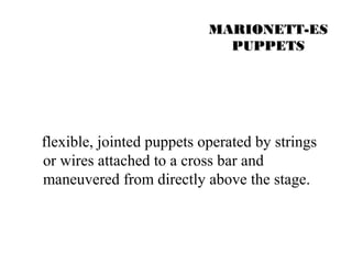 MMAARRIIOONNEETTTT--EESS 
PPUUPPPPEETTSS 
flexible, jointed puppets operated by strings 
or wires attached to a cross bar and 
maneuvered from directly above the stage. 
 