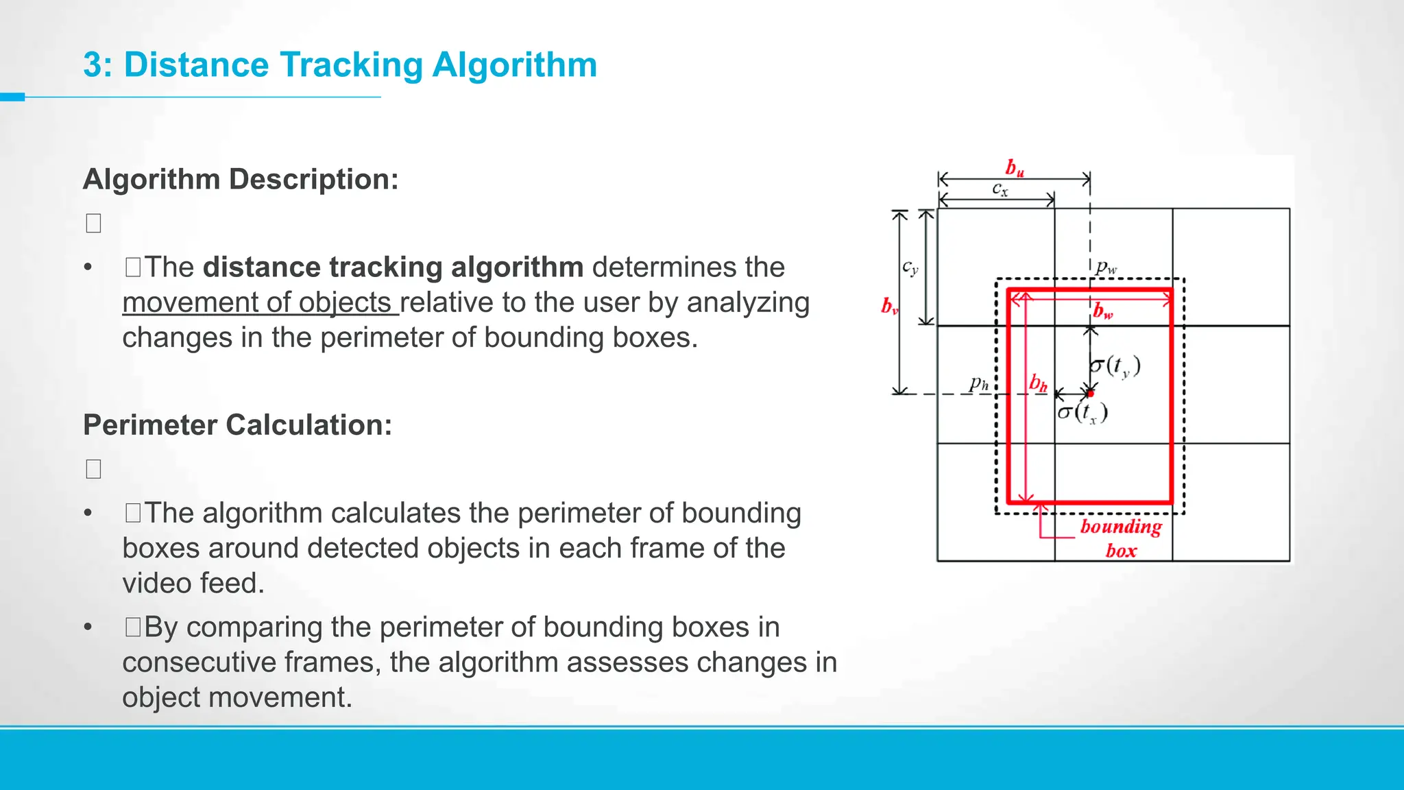 3: Distance Tracking Algorithm
Algorithm Description:
• The distance tracking algorithm determines the
movement of objects relative to the user by analyzing
changes in the perimeter of bounding boxes.
Perimeter Calculation:
• The algorithm calculates the perimeter of bounding
boxes around detected objects in each frame of the
video feed.
• By comparing the perimeter of bounding boxes in
consecutive frames, the algorithm assesses changes in
object movement.
 