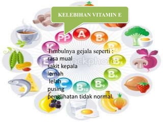 KELEBIHAN VITAMIN E 
Timbulnya gejala seperti : 
rasa mual 
sakit kepala 
lemah 
lelah 
pusing 
penglihatan tidak normal. 
 
