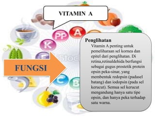 VITAMIN A 
Penglihatan 
Vitamin A penting untuk 
pemeliharaan sel kornea dan 
epitel dari penglihatan. Di 
retina,retinaldehida berfungsi 
sebagai gugus prostetik protein 
opsin peka-sinar, yang 
membentuk redopsin (padasel 
batang) dan iodopsin (pada sel 
kerucut). Semua sel kerucut 
mengandung hanya satu tipe 
opsin, dan hanya peka terhadap 
satu warna. 
FUNGSI 
 