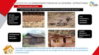3. RIESGOS EN LAS CONDICIONES FISICAS DE LA VIVIENDA –ESTRUCTURAS
Pregunta observando las fotos
¿Las viviendas brindan seguridad frente a un sismo y protección de desastres?
¿En esta
vivienda existe
un adecuado
proceso
constructivo?
¿El refuerzo de
muros es
adecuado?
¿Hay
iluminación y
ventilación
apropiada?
¿ Existía
refuerzos y
soportes para el
peso?
Los riesgos de la vivienda puede producirse por una estructura inadecuada, por la iluminación y
ventilación no apropiada en la vivienda, por no proteger del frio o del calor, por el hacinamiento
y la promiscuidad.
 