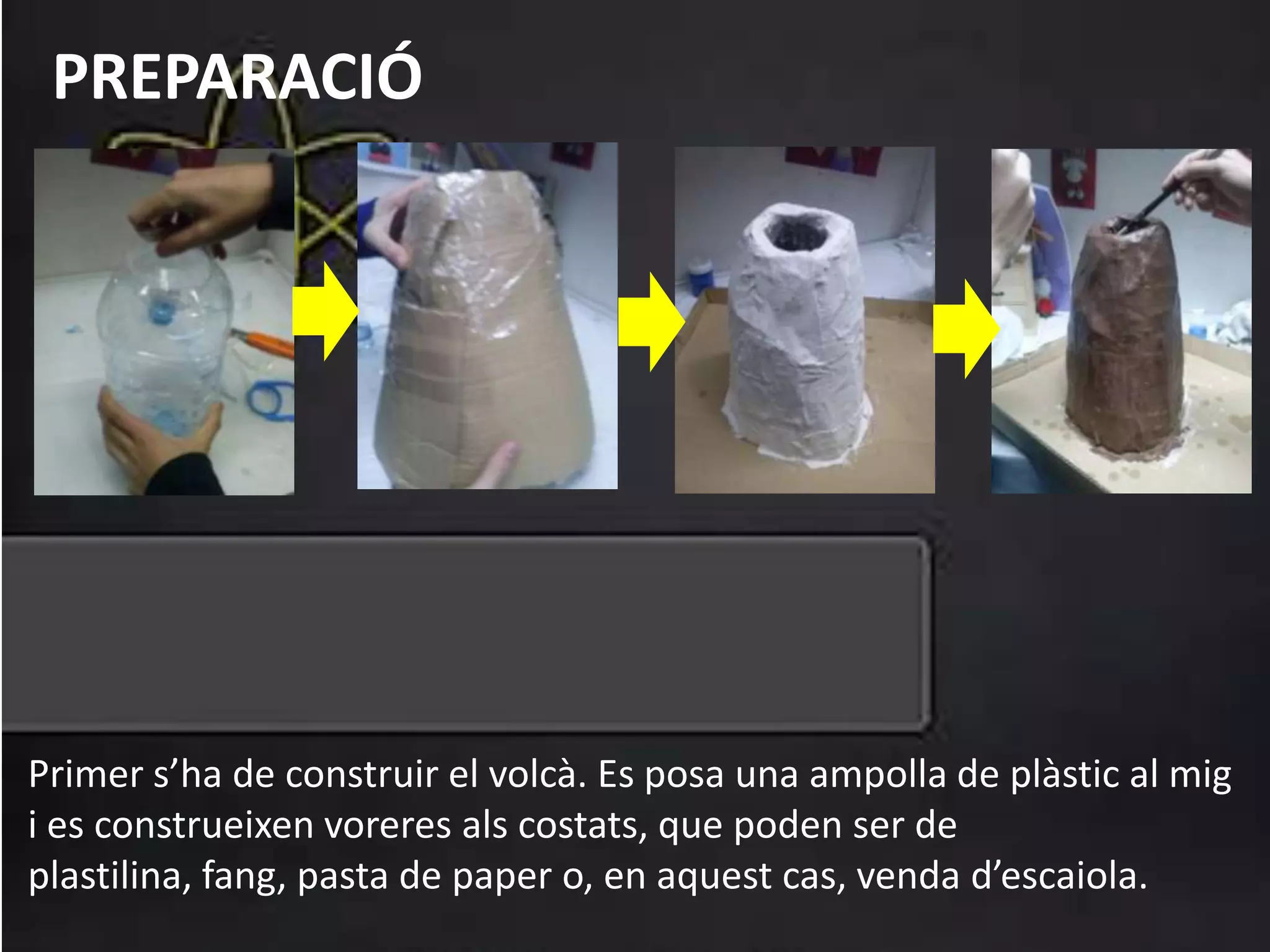 Primer s’ha de construir el volcà. Es posa una ampolla de plàstic al mig
i es construeixen voreres als costats, que poden ser de
plastilina, fang, pasta de paper o, en aquest cas, venda d’escaiola.
PREPARACIÓ
 