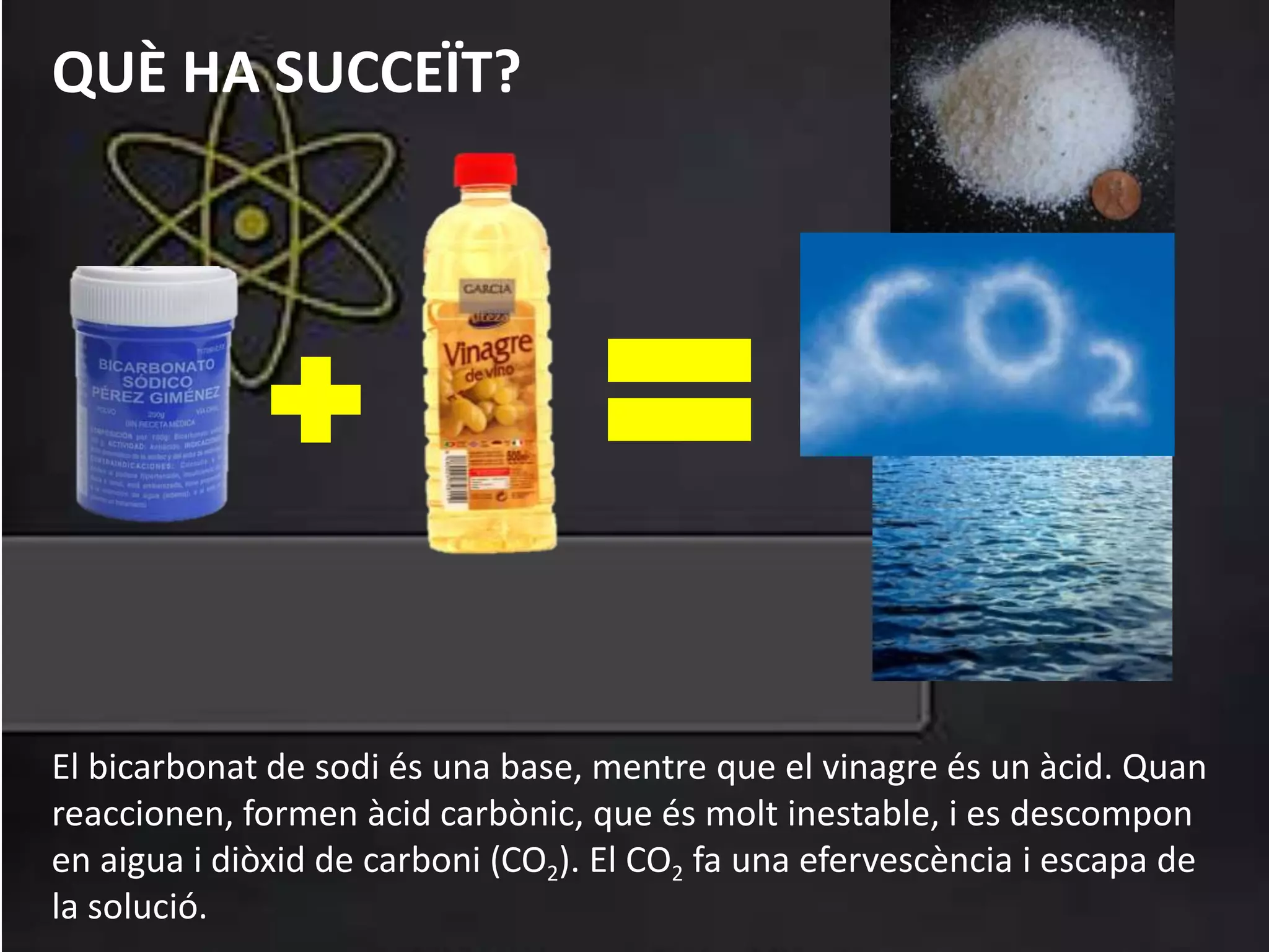 El bicarbonat de sodi és una base, mentre que el vinagre és un àcid. Quan
reaccionen, formen àcid carbònic, que és molt inestable, i es descompon
en aigua i diòxid de carboni (CO2). El CO2 fa una efervescència i escapa de
la solució.
QUÈ HA SUCCEÏT?
 