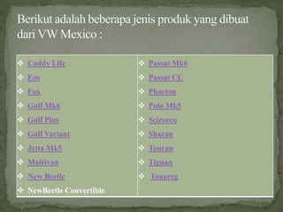  Caddy Life
 Eos
 Fox
 Golf Mk6
 Golf Plus
 Golf Variant
 Jetta Mk5
 Multivan
 New Beetle
 NewBeetle Convertible
 Passat Mk6
 Passat CC
 Phaeton
 Polo Mk5
 Scirocco
 Sharan
 Touran
 Tiguan
 Touareg
 