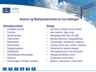Actoren op Bedrijventerreinen en hun belangen
Betrokken actoren
• Landelijke overheid
• Provincie
• Gemeente/regio
• Ondernemers
• Medewerkers
• Omwonenden
• Belegger/eigenaar
• Ontwikkelaar
• Ontwikkelingsmaatschappijen
• Adviseurs
• Parkmanagers / Facilitair managers
Belang:
• Economie, Ecologie, Ruimte, Beleid
• Idem Kabinet + eigen visies
• Werkgelegenheid, Spin off, OZB
• Bedrijfsontplooiing | vestigingsklimaat
• Voorzieningen, werkklimaat, veiligheid
• Overlast: geluid, geur, verkeer, veiligheid
• Rendement en waarde vastgoed
• Verkoopbaarheid en verhuurbaarheid
• Gebiedsontwikkeling, ruimte
• Ontwikkelen,omzet maken
• Beheren, ondernemen, omzet maken
 