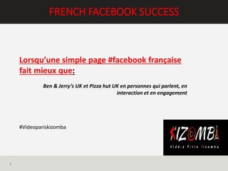 FRENCH FACEBOOK SUCCESS
1
Lorsqu’une simple page #facebook française
fait mieux que:
Ben & Jerry’s UK et Pizza hut UK en personnes qui parlent, en
interaction et en engagement
#Videopariskizomba
 