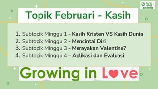 1. Subtopik Minggu 1 - Kasih Kristen VS Kasih Dunia
2. Subtopik Minggu 2 - Mencintai Diri
3. Subtopik Minggu 3 - Merayakan Valentine?
4. Subtopik Minggu 4 – Aplikasi dan Evaluasi
Topik Februari - Kasih
 