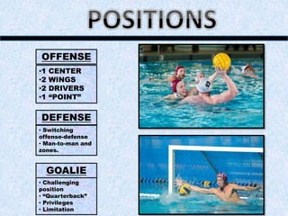 GOALIE
DEFENSE
OFFENSE
•1 CENTER
•2 WINGS
•2 DRIVERS
•1 “POINT”
• Switching
offense-defense
• Man-to-man and
zones.
• Challenging
position
• “Quarterback”
• Privileges
• Limitation
 