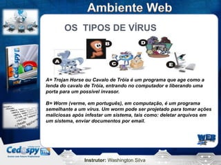 OS TIPOS DE VÍRUS




A= Trojan Horse ou Cavalo de Tróia é um programa que age como a
lenda do cavalo de Tróia, entrando no computador e liberando uma
porta para um possível invasor.

B= Worm (verme, em português), em computação, é um programa
semelhante a um vírus. Um worm pode ser projetado para tomar ações
maliciosas após infestar um sistema, tais como: deletar arquivos em
um sistema, enviar documentos por email.




               Instrutor: Washington Silva
 