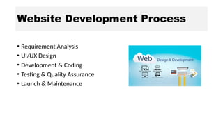 Website Development Process
• Requirement Analysis
• UI/UX Design
• Development & Coding
• Testing & Quality Assurance
• Launch & Maintenance
 