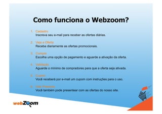 Como funciona o Webzoom?
1. Cadastro
   Inscreva seu e-mail para receber as ofertas diárias.

2. Veja a Oferta
   Receba diariamente as ofertas promocionais.

3. Compre
   Escolha uma opção de pagamento e aguarde a ativação da oferta.

4. Validação
   Aguarde o mínimo de compradores para que a oferta seja ativada.

5. Cupom
   Você receberá por e-mail um cupom com instruções para o uso.

6. Vale Presente
   Você também pode presentear com as ofertas do nosso site.
 