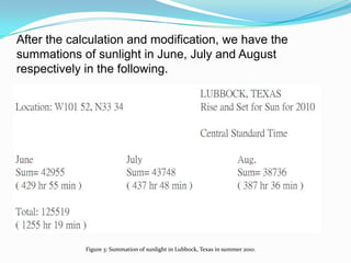 After the calculation and modification, we have the summations of sunlight in June, July and August respectively in the following. Figure 3: Summation of sunlight in Lubbock, Texas in summer 2010.