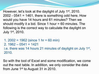 However, let’s look at the daylight of July 1st, 2010. 2002 - 0541 = 1461, there is something odd here. How would you have 14 hours and 61 minutes? Then we should modify it a bid. Since 1 hour = 60 minutes. The following is the correct way to calculate the daylight on July 1st, 2010.  1. 2002 = 1962 (since 1 hr = 60 min) 2. 1962 – 0541 = 1421  i.e. there was 14 hours 21 minutes of daylight on July 1st,    2010. So with the tool of Excel and some modification, we come out the next table. In addition, we only consider the data from June 1st to August 31 in 2010. 