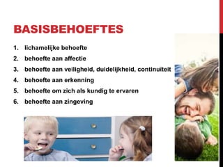 BASISBEHOEFTES
1. lichamelijke behoefte

2. behoefte aan affectie
3. behoefte aan veiligheid, duidelijkheid, continuïteit
4. behoefte aan erkenning
5. behoefte om zich als kundig te ervaren
6. behoefte aan zingeving

 