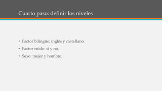 Cuarto paso: definir los niveles
• Factor bilingüe: inglés y castellano.
• Factor ruido: sí y no.
• Sexo: mujer y hombre.
 
