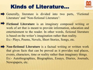 Kinds of Literature…
Generally, literature is divided into two parts, ‘Fictional
Literature’ and ‘Non-fictional Literature’:
Fictional Literature is an imaginary composed writing or
work of art that is meant to provide information, education and
entertainment to the reader. In other words, fictional literature
is based on the writer’s imagination rather than reality.
Ex:- Plays, Poems, Novels, Short Stories, Songs, etc.
Non-fictional Literature is a factual writing or written work
that given facts that can be proved as it provides real places,
events, characters, time or reality rather than imaginary things.
Ex:- Autobiographies, Biographies, Essays, Diaries, Journals,
Newspapers, etc.
 