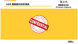 AXIS 寬動態的技術演進
動態對比技術
(Dynamic Contrast)
第一代
單次曝光
影像強化
演算法
優點：快速、容易開發、避免拼接模糊
缺點：雜訊較多、對比不明顯
動態捕捉技術
(Dynamic Capture)
第二代
優點：對比明顯
缺點：複雜的計算、移動物體的模糊
三重曝光
場景分析
演算法
影像強化
演算法
鑑識截取技術
(Forensic Capture)
第三代
優點：對比超級明顯
缺點：影像演算的副作用
多重
曝光
場景分析
演算法
影像強化
演算法
鑑證分析
演算法
 