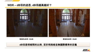 WDR – dB值的迷思, dB值越高越好？
較高的dB值 ~92dB 較低的dB值 ~56dB
dB值是明暗間的比例，至於明與暗並無國際標準的定義
 