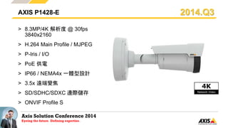 Axis Solution Conference 2014
Eyeing the future. Defining expertise.
> 8.3MP/4K 解析度 @ 30fps
3840x2160
> H.264 Main Profile / MJPEG
> P-Iris / I/O
> PoE 供電
> IP66 / NEMA4x 一體型設計
> 3.5x 遠端變焦
> SD/SDHC/SDXC 邊際儲存
> ONVIF Profile S
AXIS P1428-E 2014.Q3
 